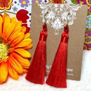 Tassel Earrings Long Drop Dangles Red Smooth Silky Fringe Dressy Elegance NWT